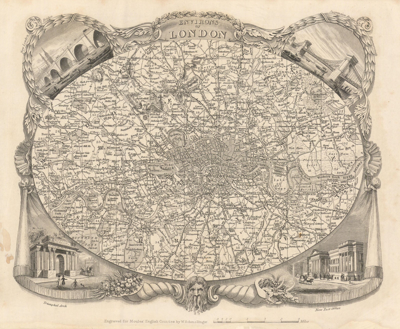 London environs antique map by Thomas Moule 1837 old plan chart